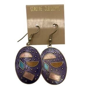 Genuine Cloisonne Oval Drop Earrings Purple Pink Teal Gold Tone Geometric